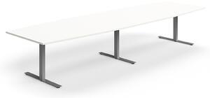 AJ Produkty Jednací stůl QBUS, T-nohy, 4000x1200 mm, tvar člunu, stříbrná podnož, bílá
