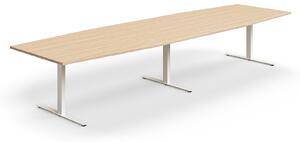 AJ Produkty Jednací stůl QBUS, T-nohy, 4000x1200 mm, tvar člunu, bílá podnož, dub