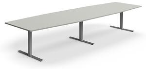 AJ Produkty Jednací stůl QBUS, T-nohy, 4000x1200 mm, tvar člunu, stříbrná podnož, světle šedá