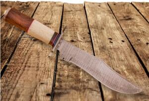 KnifeBoss velký damaškový nůž Bowie Camel Bone & RoseWood