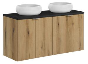 Comad Závěsná skříňka Nova Oak s deskou a umyvadly 120 cm dub evoke/černá