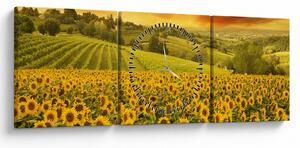 Obraz - Slunečnicové pole (s hodinami) (90x30 cm)