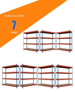 Akční balíček - 7ks Kovový průmyslový regál 180x120x60cm, lakovaný - modro/oranžový, 4-policový, nosnost 1200kg SMARTREGALY