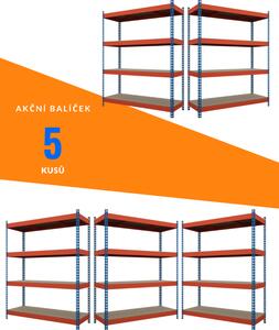 Akční balíček - 5ks Kovový průmyslový regál 180x120x60cm, lakovaný - modro/oranžový, 4-policový, nosnost 1200kg SMARTREGALY
