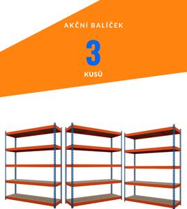 Akční balíček - 3ks Kovový průmyslový regál 216x140x60cm, lakovaný - modro/oranžový, 5-policový, nosnost 1500kg SMARTREGALY