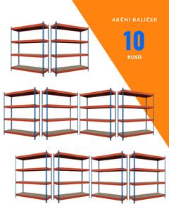 Akční balíček - 10ks Kovový průmyslový regál 180x120x60cm, lakovaný - modro/oranžový, 4-policový, nosnost 1200kg SMARTREGALY