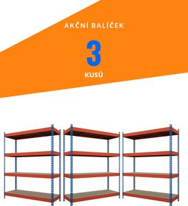 Akční balíček - 3ks Kovový průmyslový regál 180x120x60cm, lakovaný - modro/oranžový, 4-policový, nosnost 1200kg SMARTREGALY