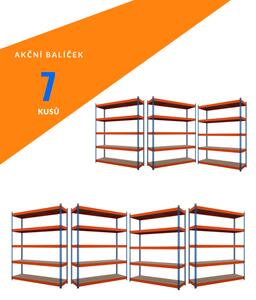 Akční balíček - 7ks Kovový průmyslový regál 216x140x60cm, lakovaný - modro/oranžový, 5-policový, nosnost 1500kg SMARTREGALY