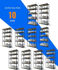 Akční balíček - 10x Kovový regál 180x60x40cm, lakovaný - černý, 5-policový, nosnost 875kg SMARTREGALY