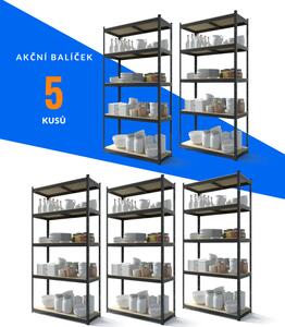 Akční balíček - 5x Kovový regál 180x70x30cm, lakovaný - černý, 5-policový, nosnost 875kg SMARTREGALY