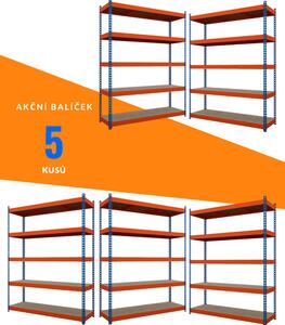 Akční balíček - 5ks Kovový průmyslový regál 216x140x60cm, lakovaný - modro/oranžový, 5-policový, nosnost 1500kg SMARTREGALY