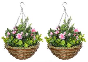Outsunny Sada 2 Umělých Rostlin Lisianthus v Květináči s Háčkem, Umělé Rostliny z PE a Slinky, Ø25x34 cm, Zelená a Růžová | Aosom