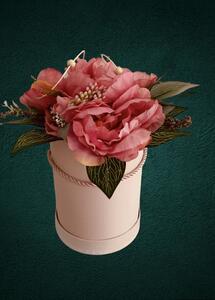 Flower box růžový - pivoňky růžové a doplňky, v.26cm