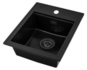 Sink Quality Ferrum New 4050, 1-komorový granitový dřez 400x500x185 mm + černý sifon, černá skvrnitá, FER.4050.BP.XB