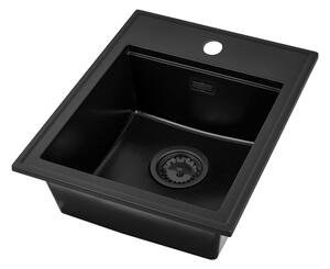 Sink Quality Ferrum New 4050, 1-komorový granitový dřez 400x500x185 mm + černý sifon, černá, SKQ-FER.4050.BK.XB