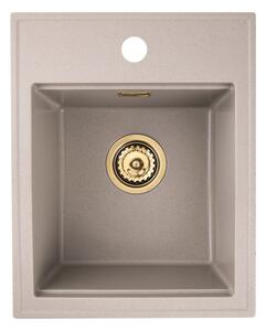 Sink Quality Ferrum New 4050, 1-komorový granitový dřez 400x500x185 mm + zlatý sifon, béžová, SKQ-FER.4050.B.XG