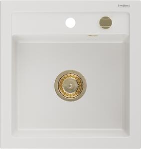 Mexen Vito, granitový dřez 520x490x210 mm, 1-komorový, bílá se zlatým sifonem, 6503521000-20-G