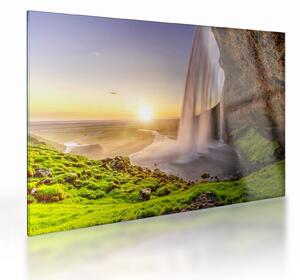 Skleněný obraz - Seljalandsfoss zpoza nitra jeskyně (70x50 cm)