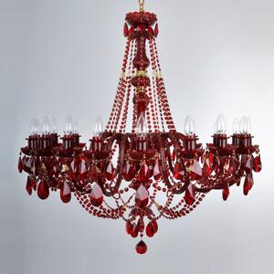 Větší rubínově červený křišťálový lustr s 18 rameny