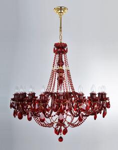 Větší rubínově červený křišťálový lustr s 18 rameny