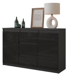 MIKEL - Komoda / příborník se 3 zásuvkami a 2 dvířky - antracitově šedá / černý lesk V75cm Š120cm D35cm