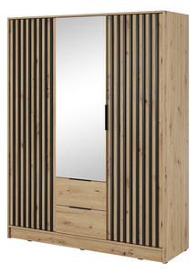 Skříň třídveřová s lamelami a zrcadlem Neria - Dub artisan / Černý