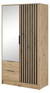 Skříň dvoudveřová s lamelami a zrcadlem Neria - Dub artisan / Černý