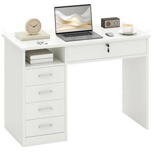 HOMCOM Pracovní stůl do kanceláře a ložnice, PC a počítačový stůl, dřevěný se 5 zásuvkami, pracovní plocha, 2 klíče, moderní, 110x50x76cm, bílé proved