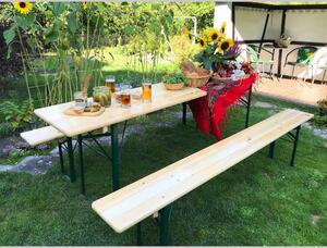 Dřevěný zahradní stůl se dvěma lavičkami 50 x 220 cm