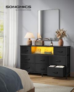 SONGMICS Komoda s 8 zásuvkami z látky, televizní stolek s LED osvětlením a zásuvkami, rozměry 113,8 x 30 x 68,1 cm, černá barva