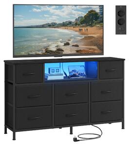 SONGMICS Komoda s 8 zásuvkami z látky, televizní stolek s LED osvětlením a zásuvkami, rozměry 113,8 x 30 x 68,1 cm, černá barva