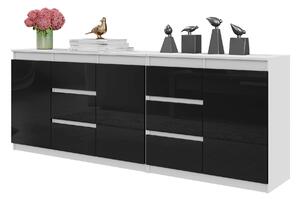 Komoda MIKEL Bílá Mat / Černý Lesk - Velká Komoda se 6 Zásuvkami a 3 Dvířky, Sestava Komod Š200 x V75 x H35 cm