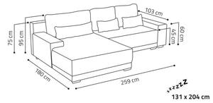 DABEK MEBLE MIDAS MINI rohová rozkládací sedací souprava s úložným prostorem šedá 259 x 75 - 95 x 180 cm