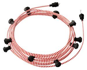 Creative cables Hotový světelný řetěz LUMET 12,5 m je sestavený z 10 černých objímek, háčku a zástrčky Barva kabelu: Červeno-bílá - ECM39