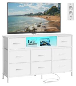 SONGMICS Komoda s 8 zásuvkami z látky, televizní stolek s LED osvětlením a zásuvkami, rozměry 113,8 x 30 x 68,1 cm, bílá barva
