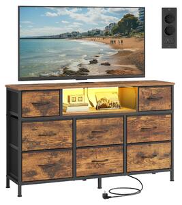 SONGMICS Komoda s 8 zásuvkami z látky, televizní stolek s LED osvětlením a zásuvkami, rozměry 113,8 x 30 x 68,1 cm, barva vintage hnědá