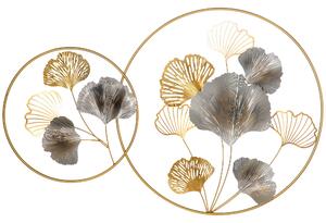 HOMCOM 3D Kovová Nástěnná Dekorace, Zlaté Nástěnné Umění s Listy Ginkgo ve Dvou Kulatých Rámcích, 102x66,2 cm, Zlatá a Stříbrná | Aosom