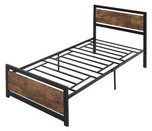 HOMCOM Jednolůžkový rám postele z dřeva a oceli 97x 208x103cm, integrované lamely, průmyslový styl čela a nohou postele, černý a rustikální hnědý | Ao