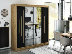 Zrcadlová skříň s posuvnými dveřmi LURDES 8 - šířka 200 cm, dub artisan / černá