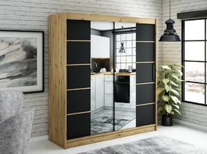 Zrcadlová skříň s posuvnými dveřmi LURDES 6 - šířka 200 cm, dub artisan / černá