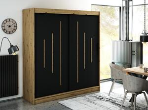 Šatní skříň s posuvnými dveřmi LURDES 7 - šířka 200 cm, dub artisan / černá