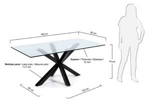 Jídelní stůl se skleněnou deskou Kave Home s černým podnožím, 160 x 90 cm