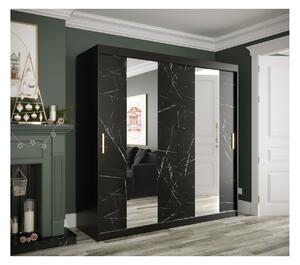 Šatní skříň s posuvnými dveřmi a zrcadly MAREILLE 4 - šířka 200 cm, černá / černý mramor