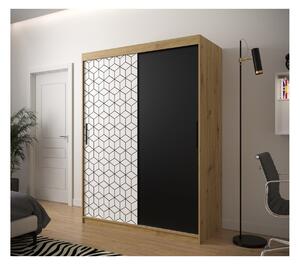 Šatní skříň s grafikou PERIANA - šířka 150 cm, dub artisan / bílá / černá