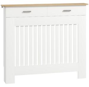 HOMCOM Kryt Radiátoru s Protipádovými Latěmi a Zásuvkou, Dřevěný Kryt Radiátoru, 112x19x97 cm, Bílý | Aosom