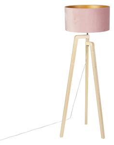 Stojací lampa stativ dřevo s růžovým sametovým odstínem 50 cm - Puros