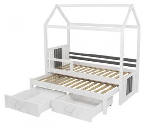 Dětská postel domeček se zábranou 90x200 KARBEN 2 - bílá / šedá