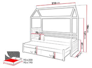 Dětská postel domeček se zábranou 90x200 KARBEN 2 - bílá / šedá
