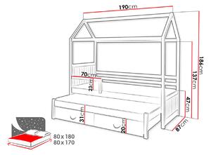 Dětská postel domeček se zábranou 80x180 KARBEN 2 - bílá / šedá
