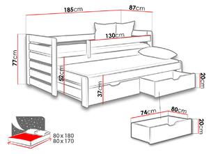 Rozkládací dětská postel 80x180 GERA - šedá / grafitová